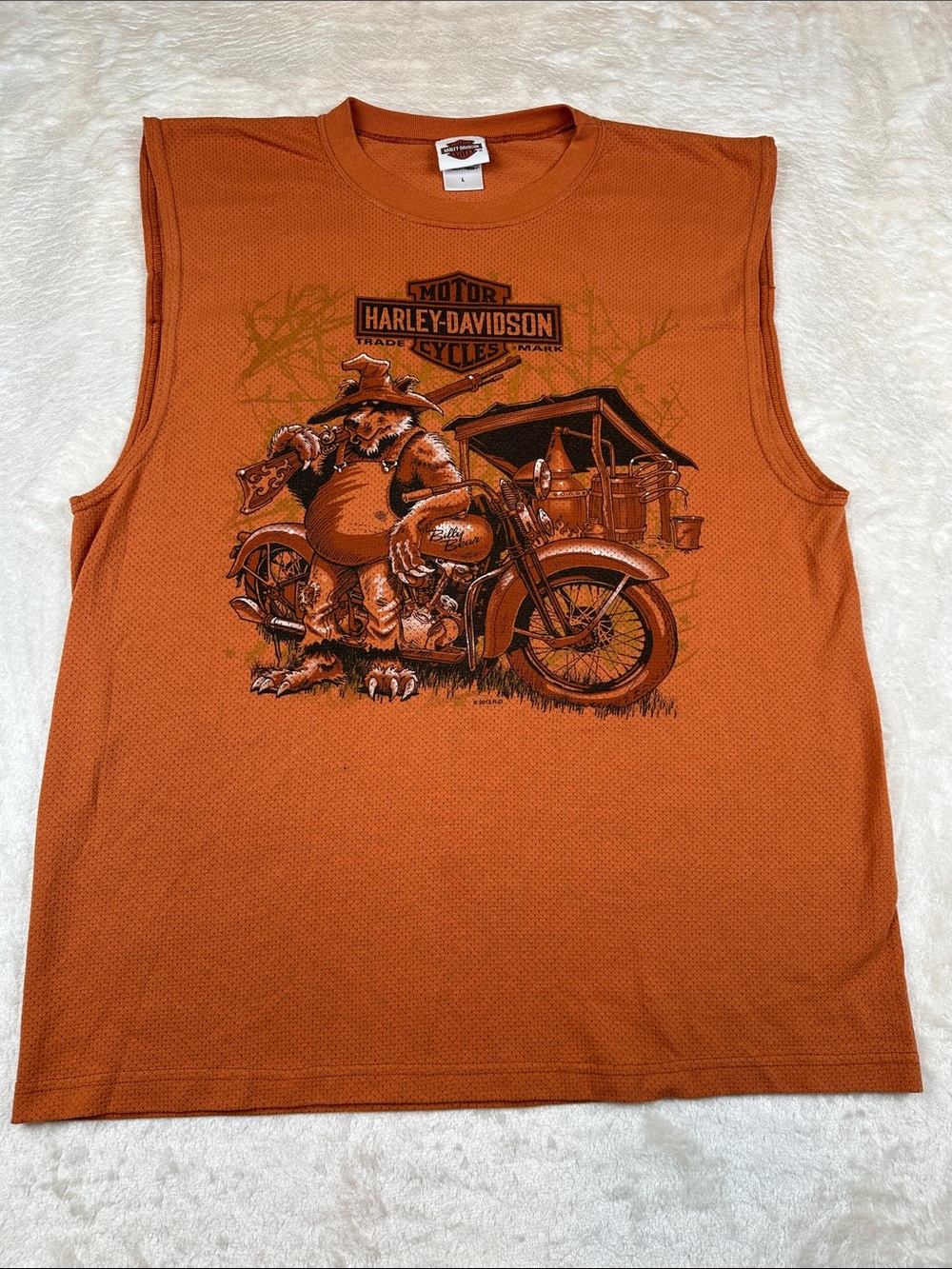 Harley-Davidson Size L Orange Sleeveless Mesh Tank Top with Motorcycle Graphic